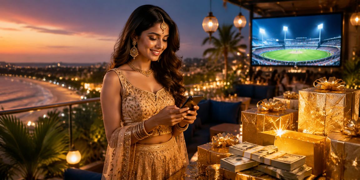 Indian woman enjoying cricket betting on mobile device